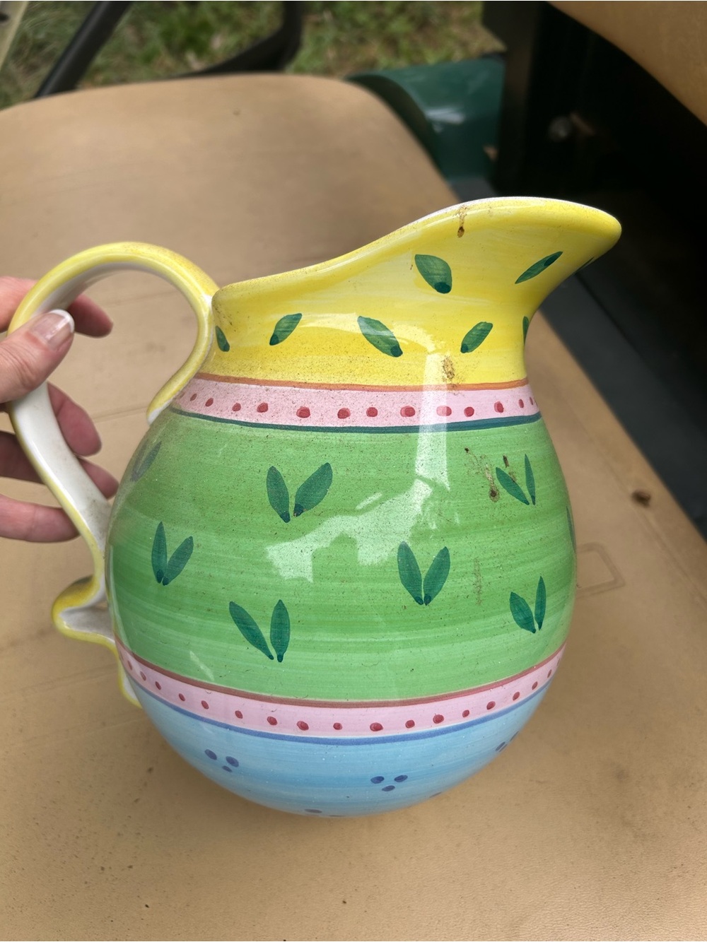 Present Tense Retired Handcrafted Ceramic Pitcher in Yellow, Green & Blue